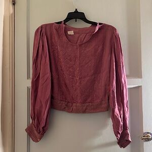 Embroidered Puff-Sleeve Blouse in Dusty Rose